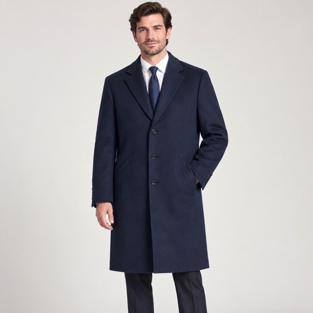 Stafford Mens Navy Blue 100% Wool Regular Fit Overcoat Topcoat Coat Medium NWT